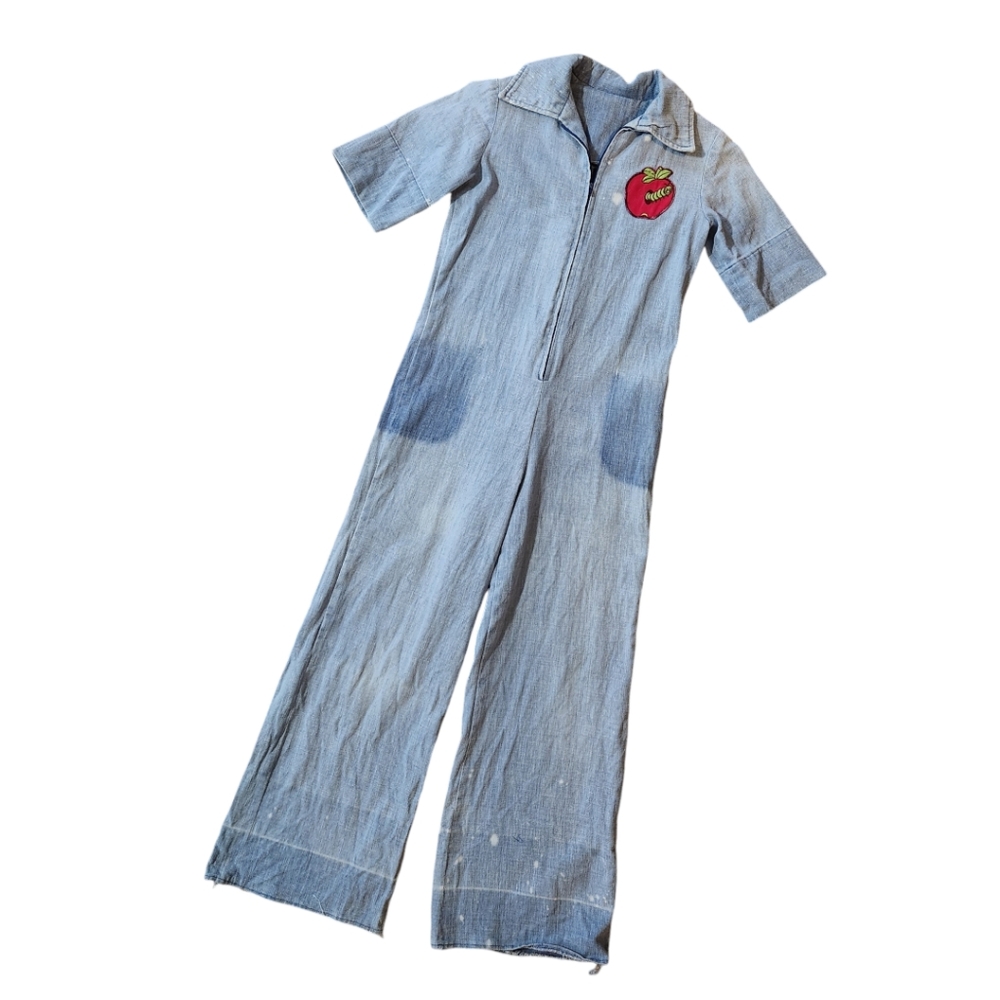 Vintage 70s  Girls Apple Patch Denim Jumpsuit
